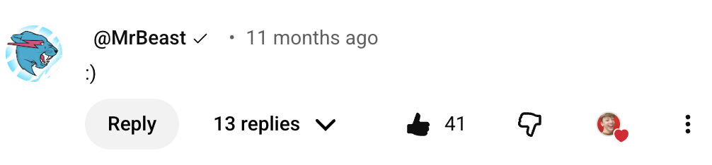 Verified comment from @MrBeast on Senne's video, 41 likes, hearted by Senne Jackson